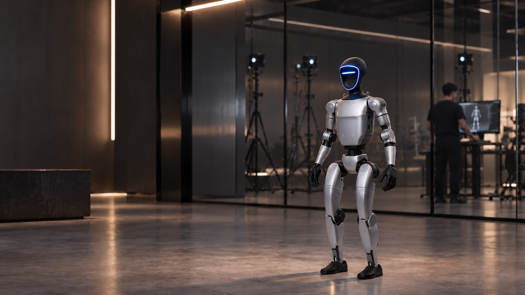 Illustrative Unitree G1 studio scene, corrected using manufacturer body proportions and a close-up of the real head